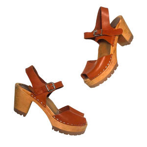Vintage Swedish Wooden Clogs Retro Platform Leather Chunky Heeled Mules Sandals